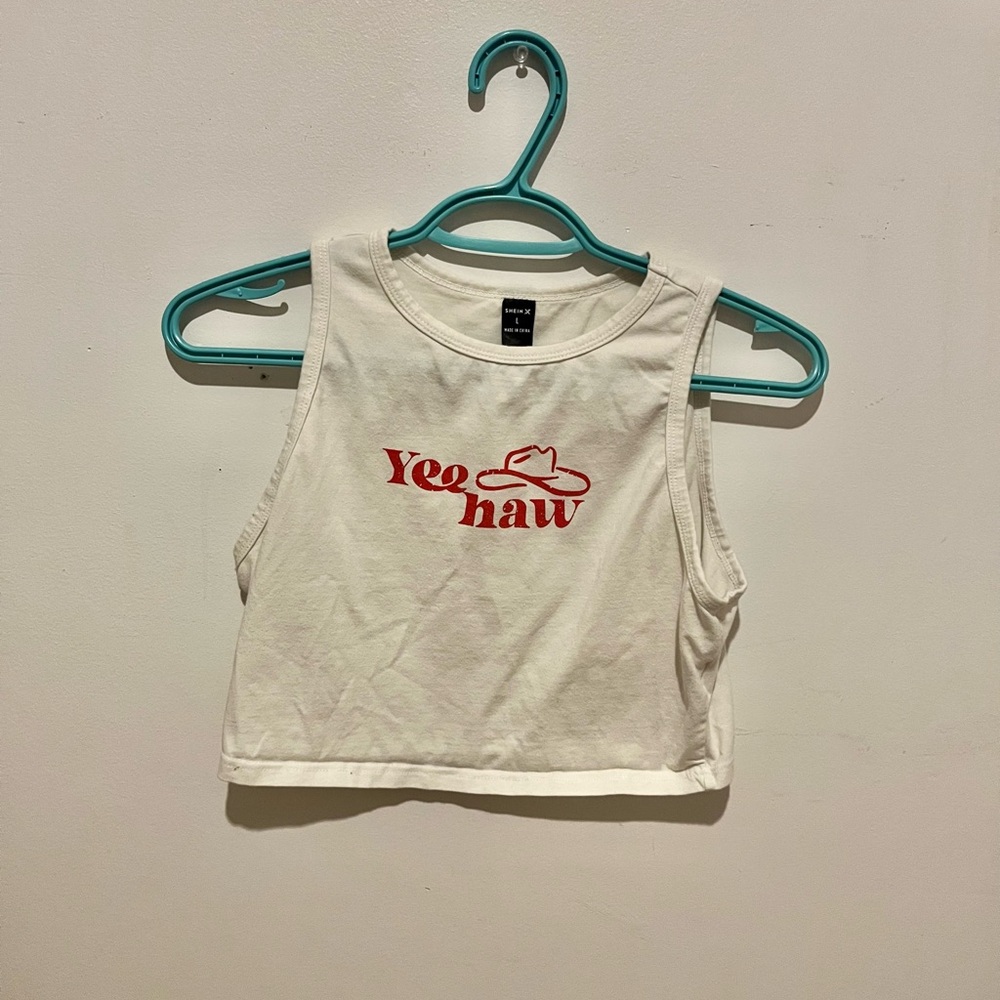 SHEIN White Tank Top with Red Yee Haw Print